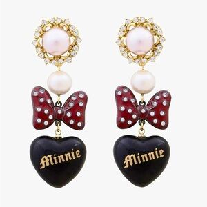 ❤️ New Mawi X Disney Pearl Earrings Minnie Mouse Red Bow Rhinestone Crystal RARE